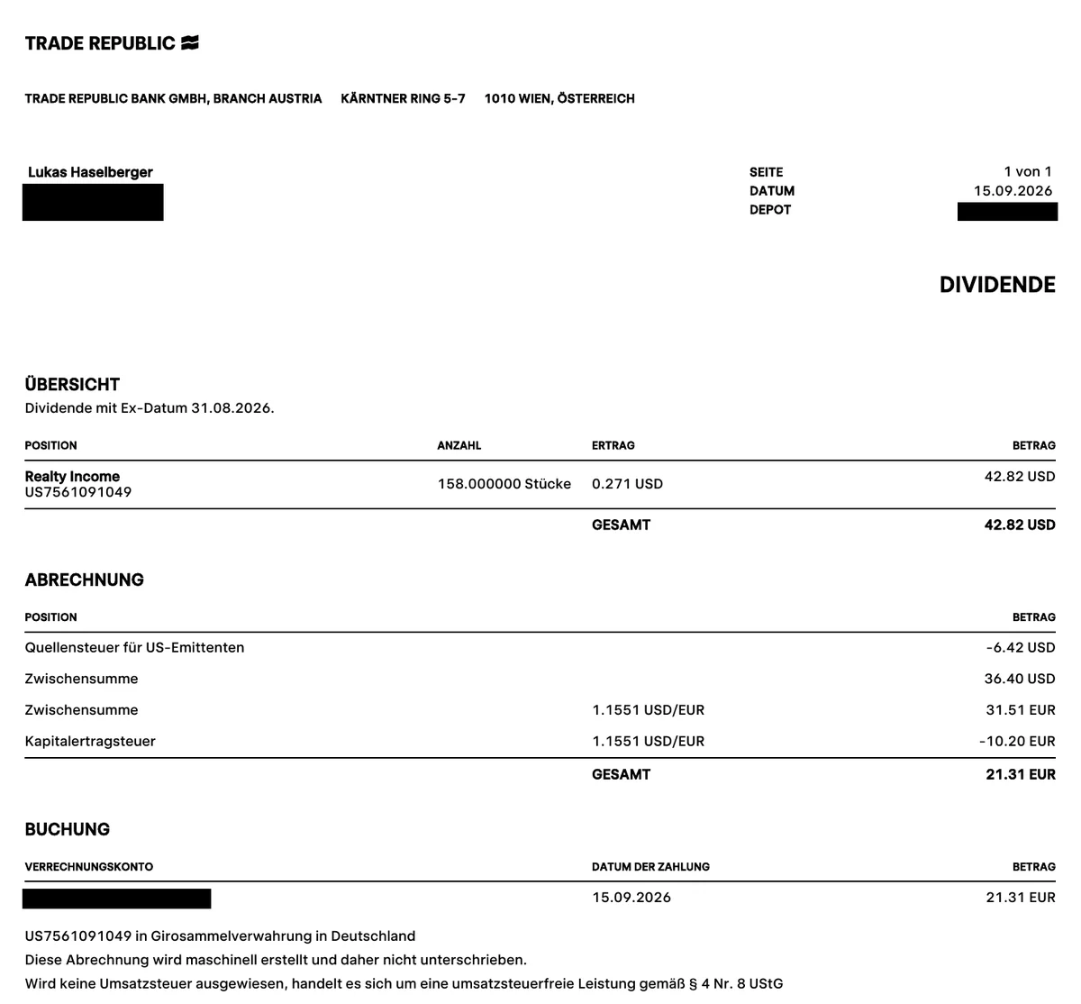 Realty Income Dividende Abrechnung von Trade Republic mit Quellensteuer und KESt